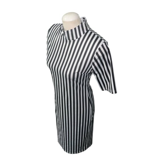 Black & White Vertical Striped Prisoner Jail Costume Dress With High Neck Short - Picture 5 of 10
